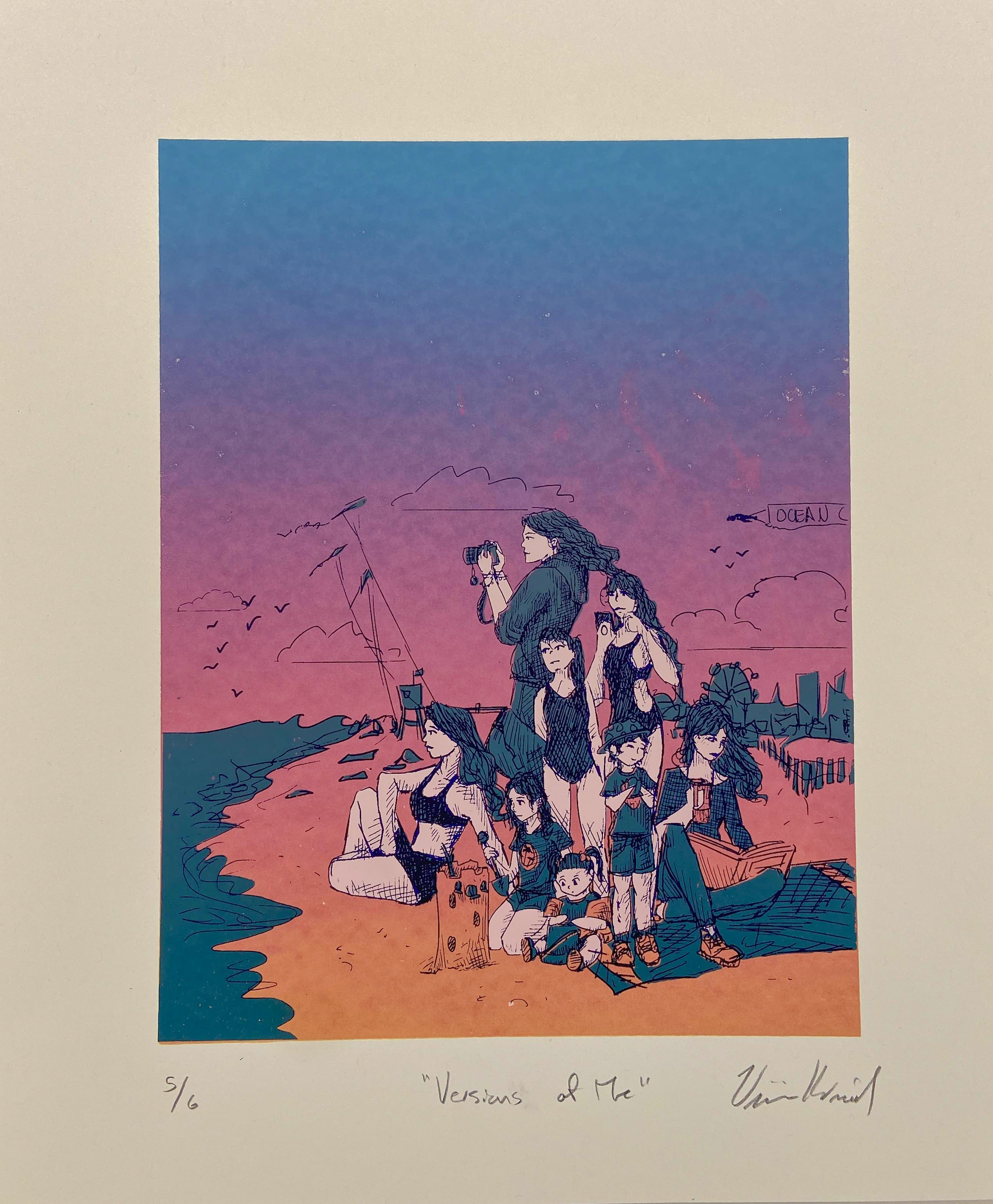 picture of silkscreen. The background is a gradient from top to bottom, blue, purple, pink, orange, and yellow. the content of the image is several line-art drawings of vivian at various ages, standing alongside each other while either looking out into the ocean or playing on the beach. The background behind the copies of vivian is a beach, with buildings,an amusement park, and ocean in the distance