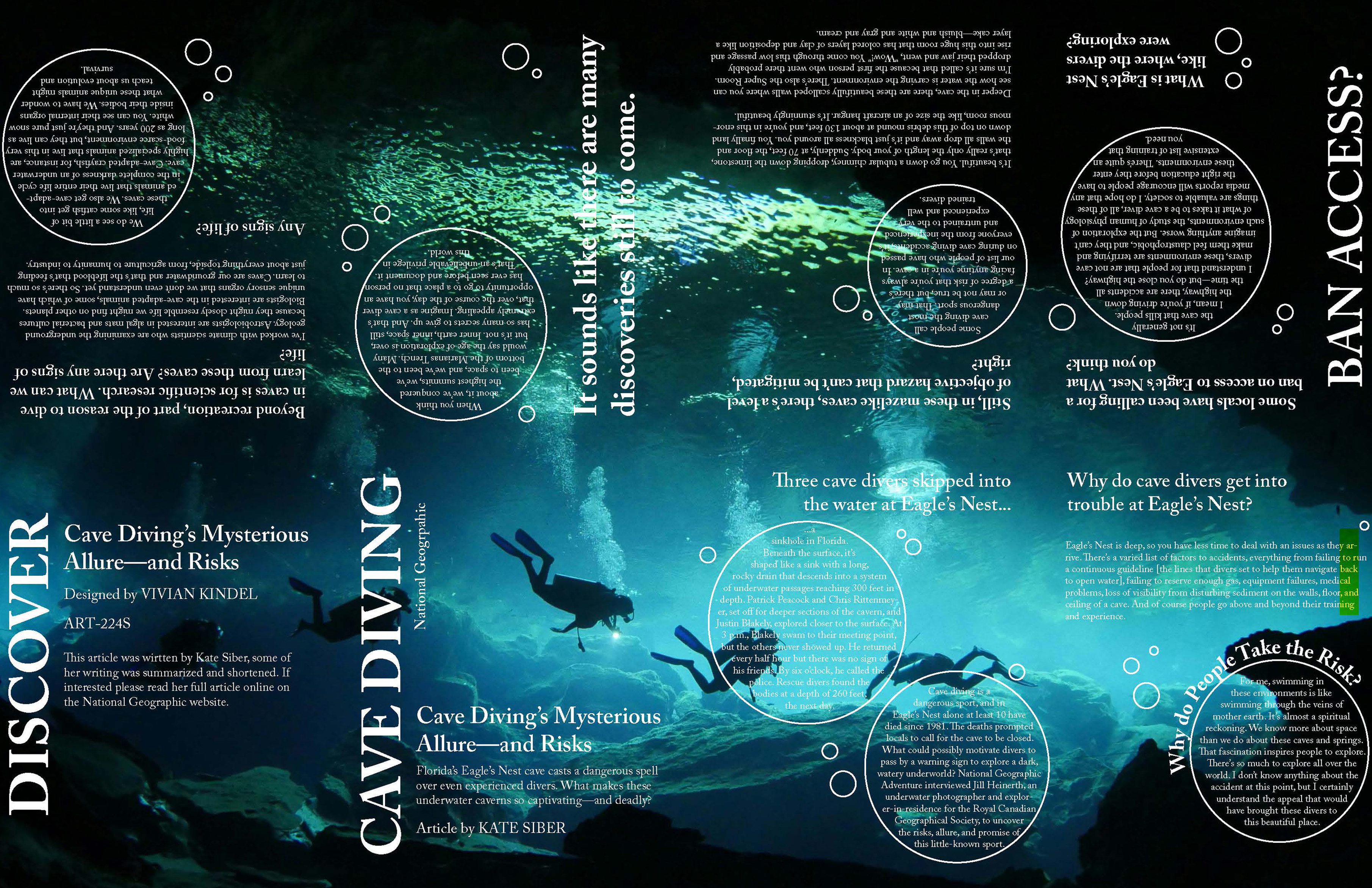 unfolded view of a zine with bubble-like layout and background image of underwater cave divers