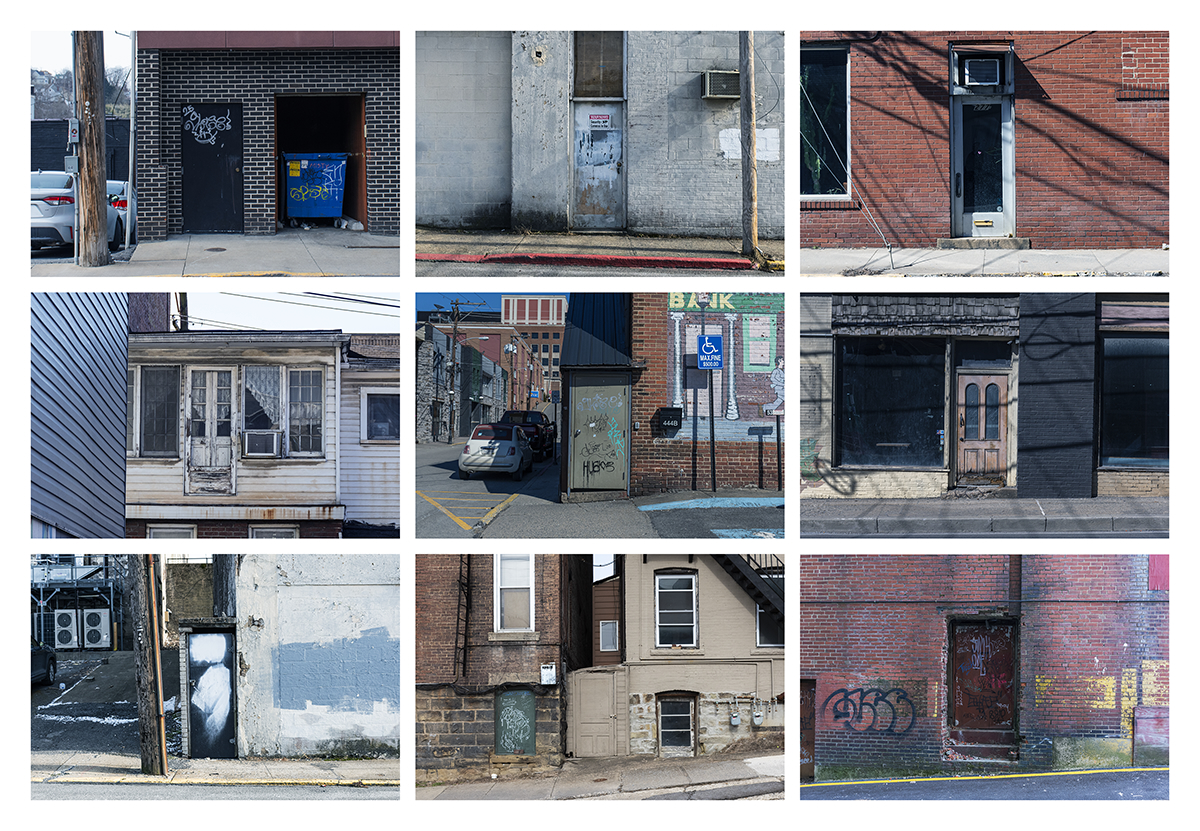 a grid format view of 9 images combined into one with spacers. each image is of different doors found in the downtown morgantown area