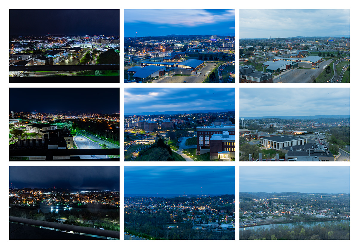 grid format of 9 images shows the views of Morgantown from the roof of the engineering building (the highest building on campus) the images are in columns of three from left, middle, and right. The left three images are night time photos, the middle are dawn or dusk photos, and the far right are day time photos. Within these photos you can see WVU Evansdale library, the WVU Rec Center (a gym) and the river
