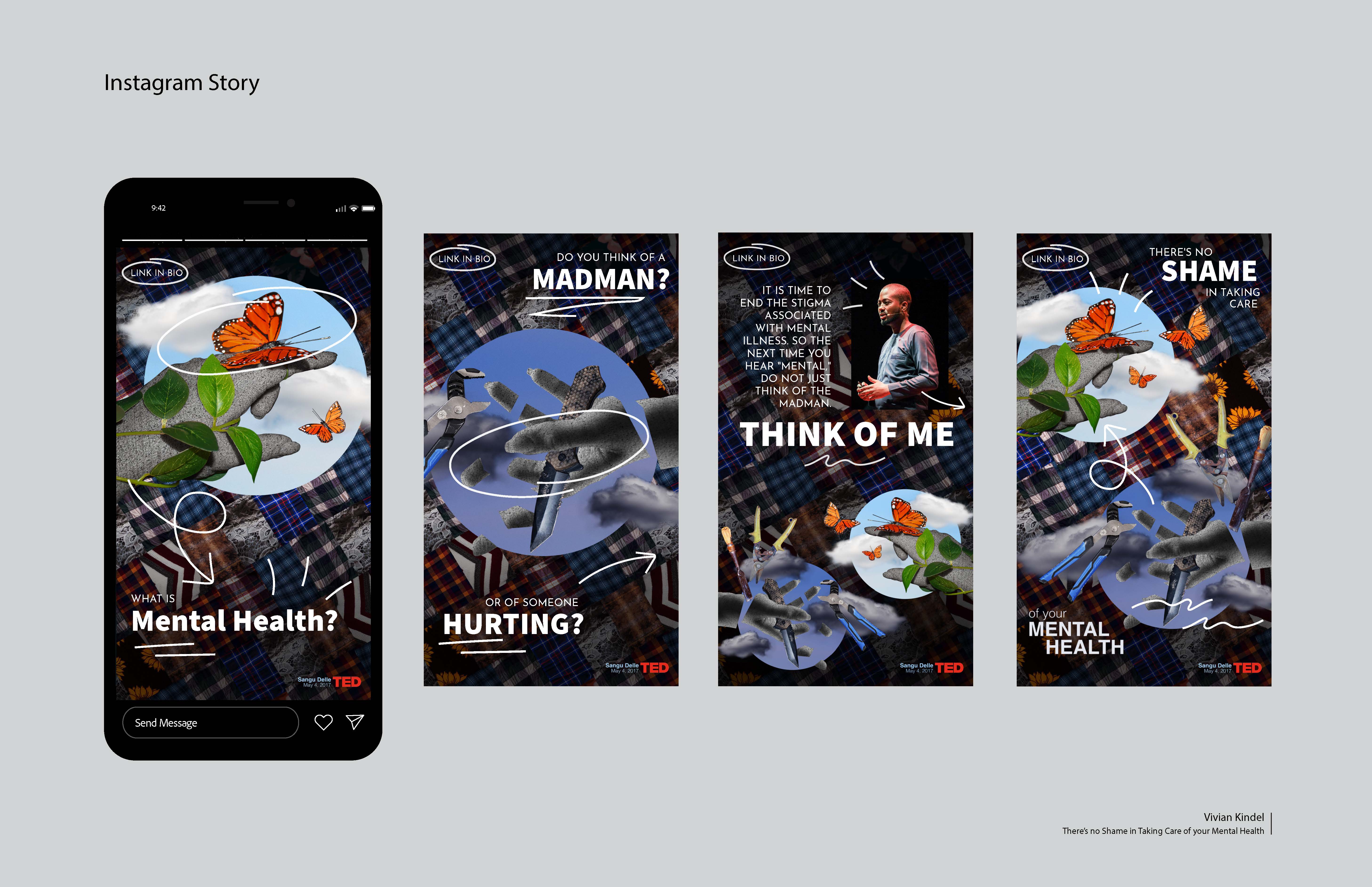 combined image showing each page of a instagram reel advertising for a Ted Talk addressing mental health