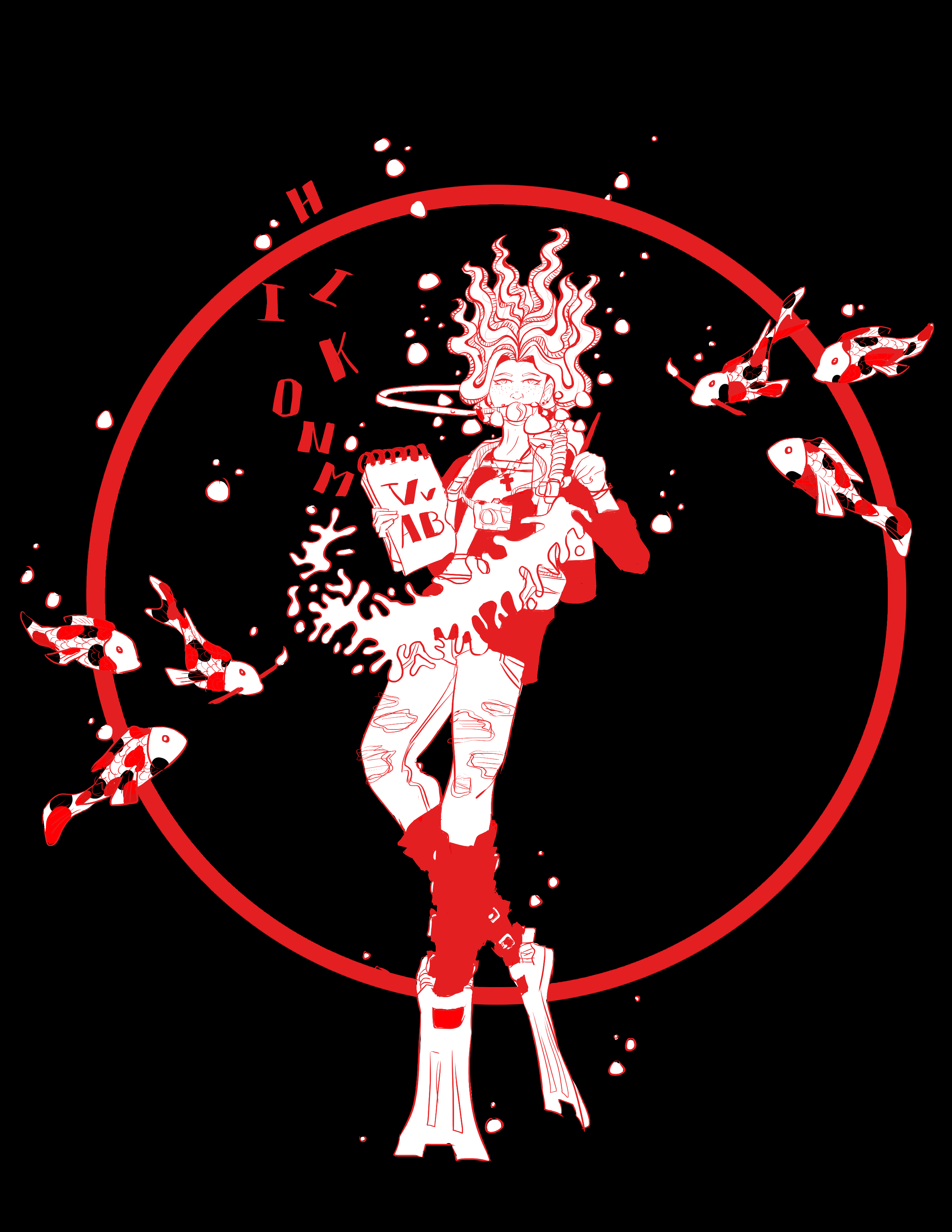 image is a silkscreen demo print of a self-portrait of the artist. The artist, vivian, has depicted herself underwater, wearing a dive flag shirt, ripped jeans, boots with flippers. she is also dressed in scuba gear, such as a bcd and air tank. around to her left and right are a group of three fish. One fish in each group is holding a paint brush. Her hair flows upwards among bubbles. In her arms is a paint brush and a sketchbook which has lettering slowly floating off the page