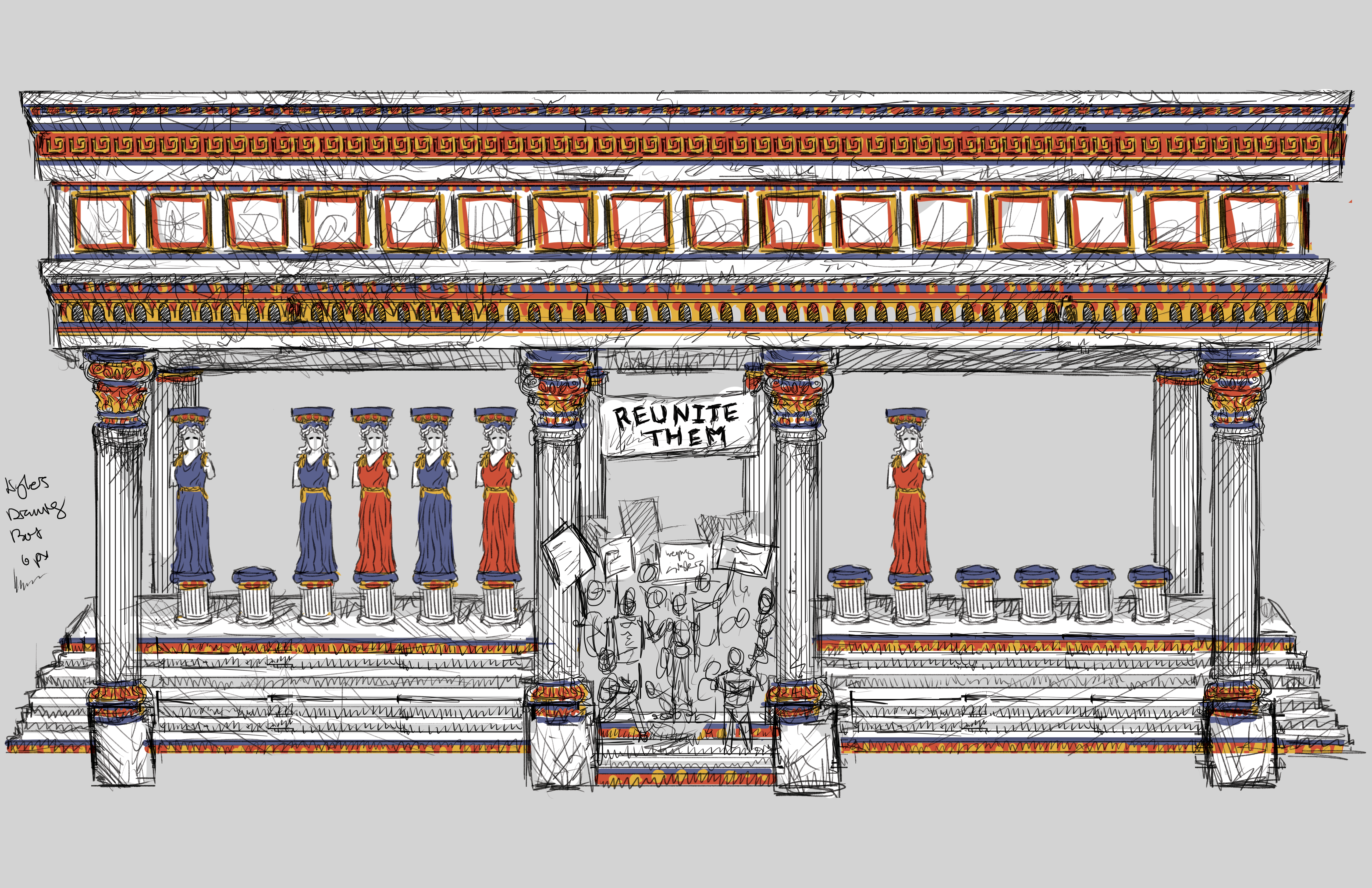 an inprogress of a digital painting inspired by the Athens sister statues. Inside of a greek-inspired temple the sisters on the left are standing on pedestals with one pedestal missing. the sister on the right side, stands alone surrounded by other empty pedestals. the people sketched on the steps of the temple are protesting, and advocating for the sisters reunion as the single sister is trapped in the British Art Museum