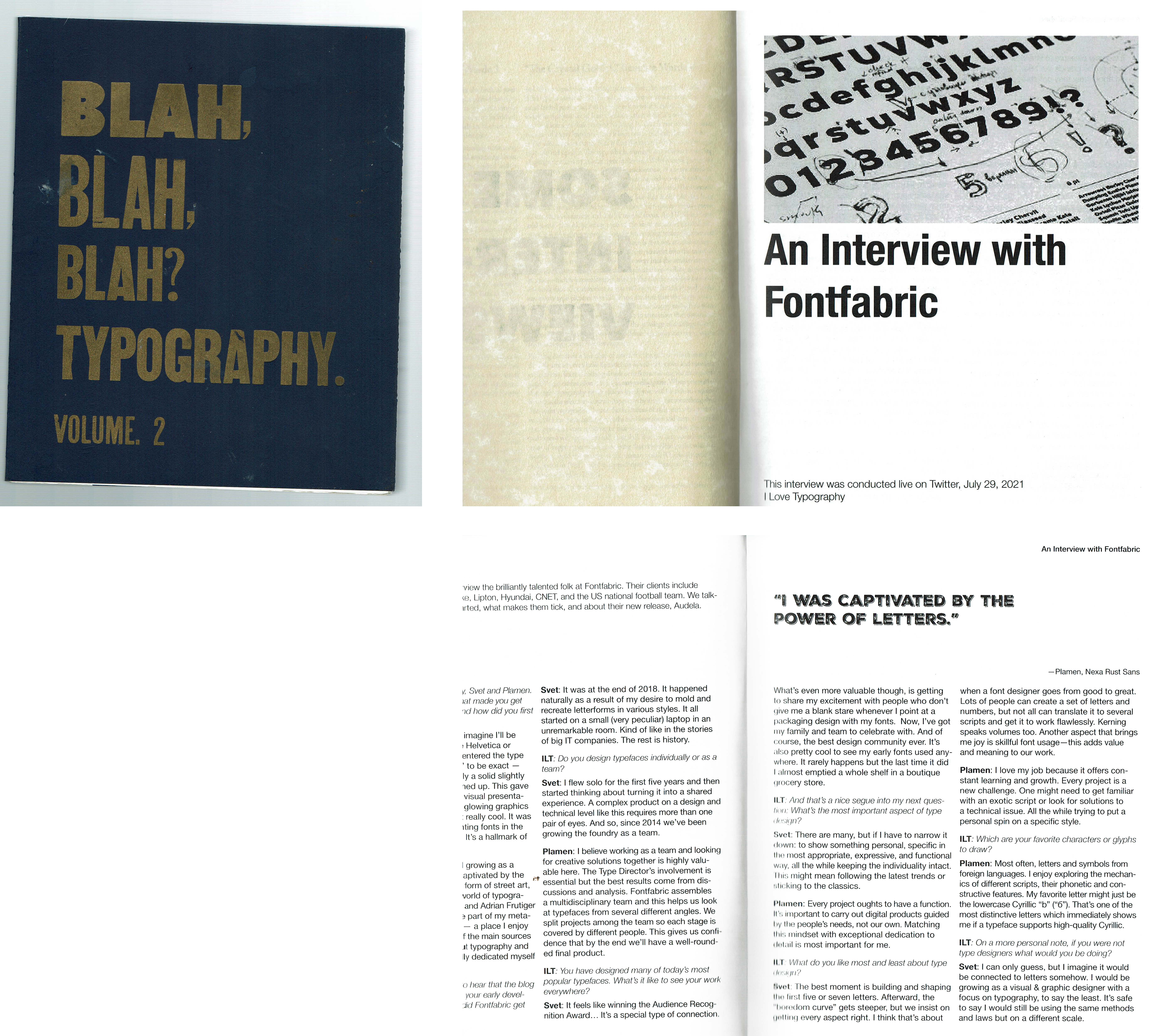 scan of blue and gold front cover, one spread chapter page with a cream colored divider, and one body text spread