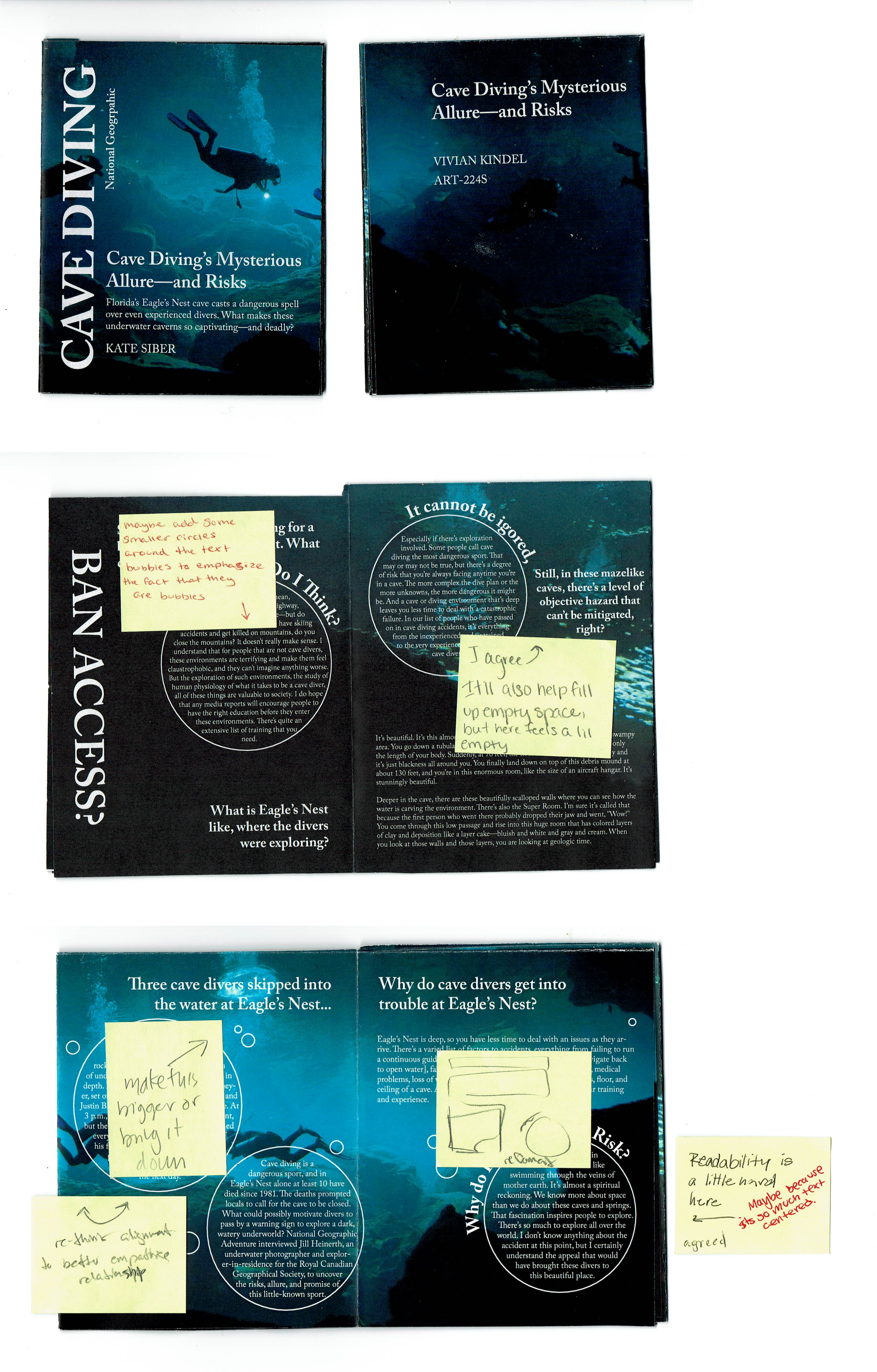 scanned img of front cover, back cover, and two spreads of the article zine describing the issues and risks of cave diving. These scans include yellow sticky notes with red writing suggesting revisions or changes to the layout and design of the zine itself