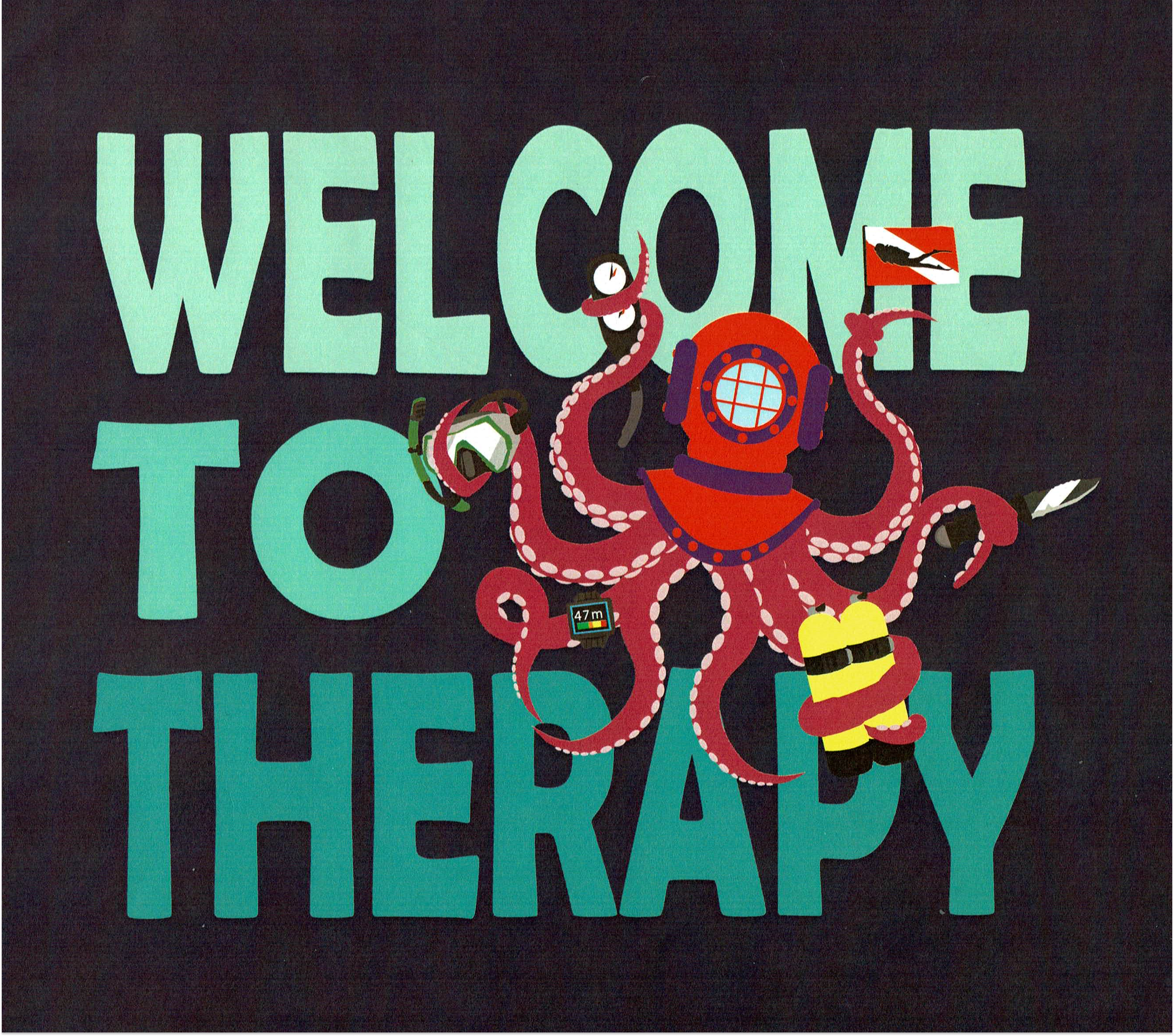 the final iteration of the icon was a black background, magenta octopus wearing a red and purple vintage helmet. Each arm is holding a different piece of diving related equipment, pressure gauge, dive flag, dive knife, air tanks, dive computer, and diving mask the text surrounding the octopus reads welcome to therapy in blocky bold lettering