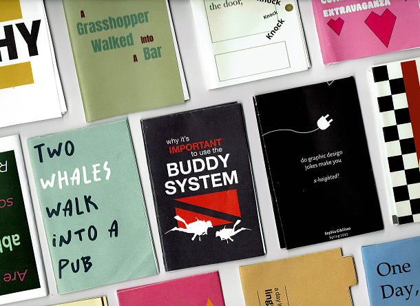 slanted imagery composed of several colorful zine covers