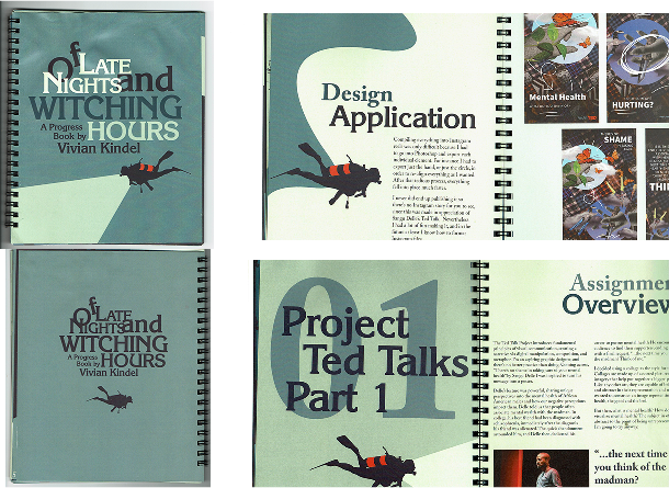 overview image of cover, back cover, and two spreads from the progress book of late nights and witching hours colors vary from dark blue, blues, and hues of green