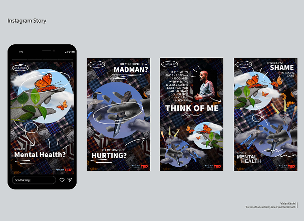 combined image showing each page of a instagram reel advertising for a Ted Talk addressing mental health