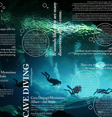 unfolded view of a zine with bubble-like layout and background image of underwater cave divers