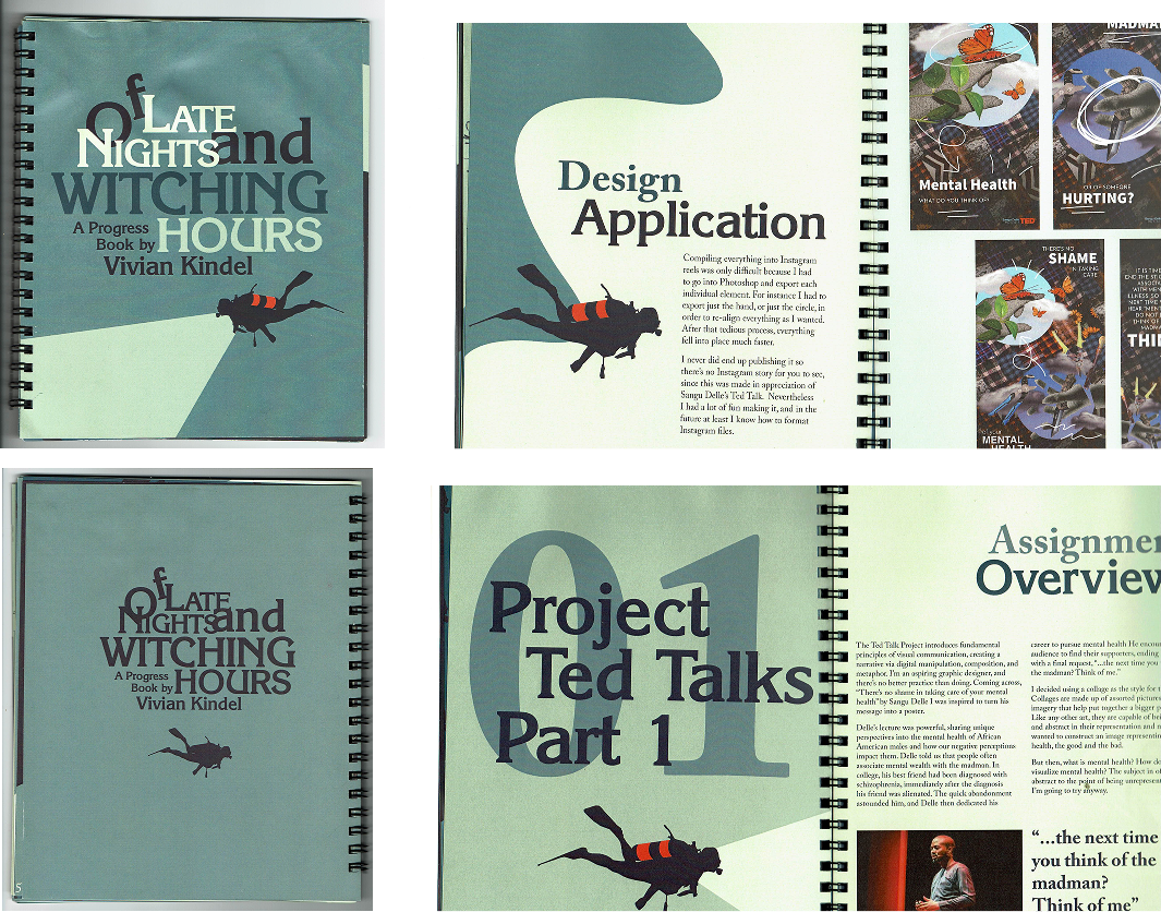 overview image of cover, back cover, and two spreads from the progress book of late nights and witching hours colors vary from dark blue, blues, and hues of green