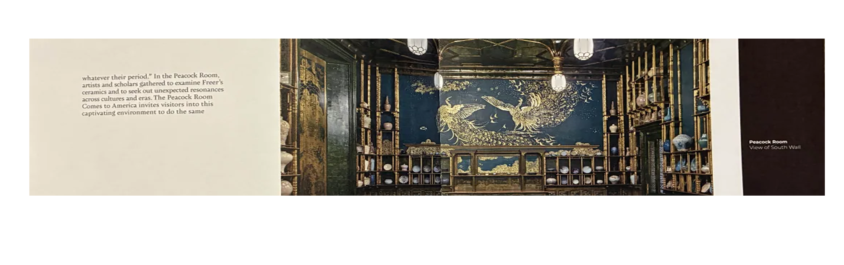 picture of book spread from the museum catalog displaying both text and image of the peacock room found in the Smithsonian