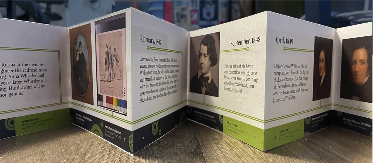photograph of the accordion book standing on a wooden flooring displaying off layout, format and use of imagery