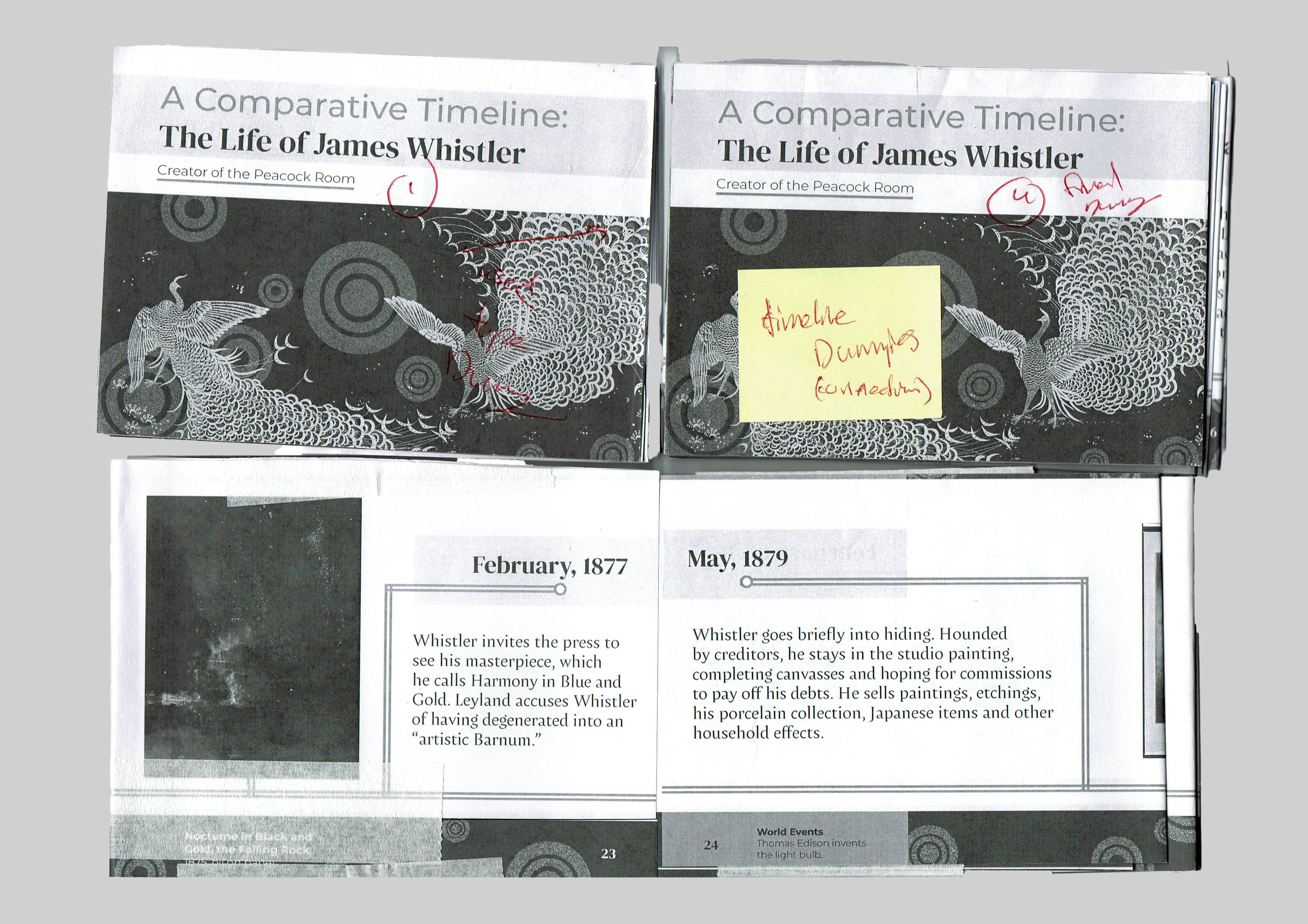 scanned image of three other dummy catalog prints, including black and white photographs of the final product. These dummy's were used to spot layout and type mistakes as indicated by the red writing and yellow sticky note