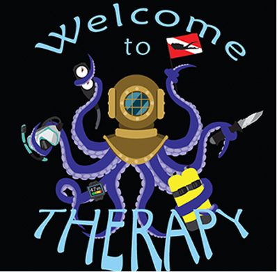 the first iteration of the icon was a black background, purple octopus wearing a golden vintage helmet. Each arm is holding a different piece of diving related equipment, pressure gauge, dive flag, dive knife, air tanks, dive computer, and diving mask the text surrounding the octopus  reads welcome to therapy in thin lettering