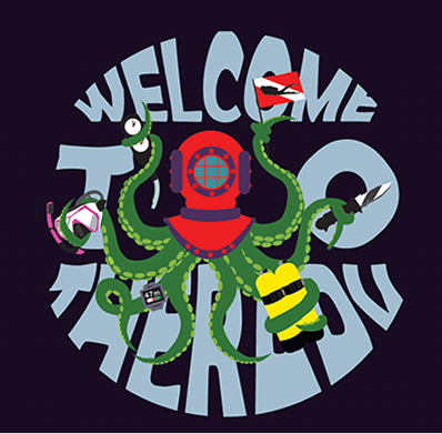 the second iteration of the icon was a dark purple background, green octopus wearing a red and purple vintage helmet. Each arm is holding a different piece of diving related equipment, pressure gauge, dive flag, dive knife, air tanks, dive computer, and diving mask the text surrounding the octopus  reads welcome to therapy in stretched lettering