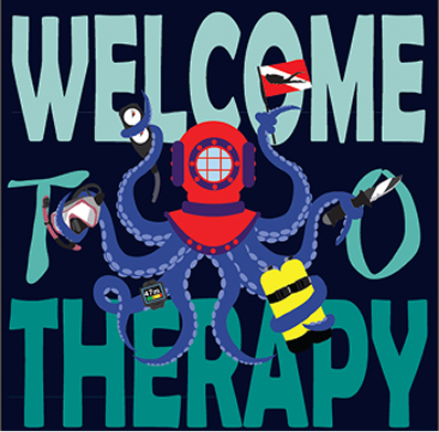 the third iteration of the icon was a dark blue background, violet octopus wearing a red and purple vintage helmet. Each arm is holding a different piece of diving related equipment, pressure gauge, dive flag, dive knife, air tanks, dive computer, and diving mask the text surrounding the octopus reads welcome to therapy in blocky but curvey lettering