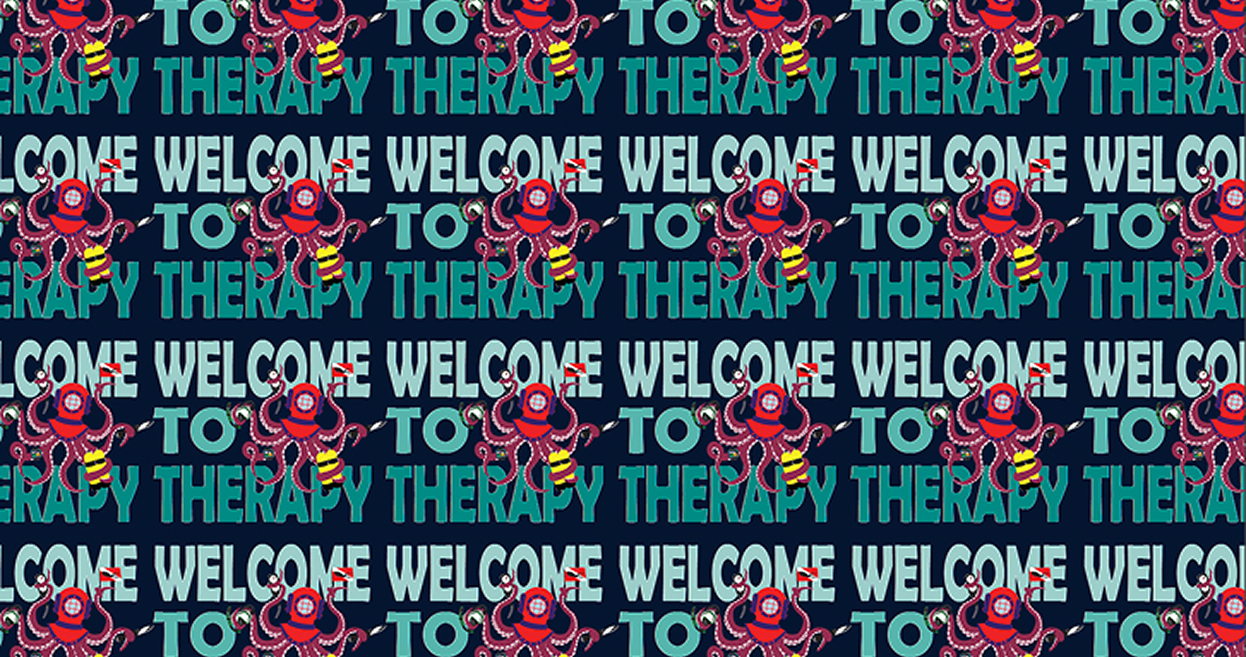 banner image of the wrapping paper sheet designed with the logo of the project the colors are various hues of dark blue, turquoise, purple, red, and yellow